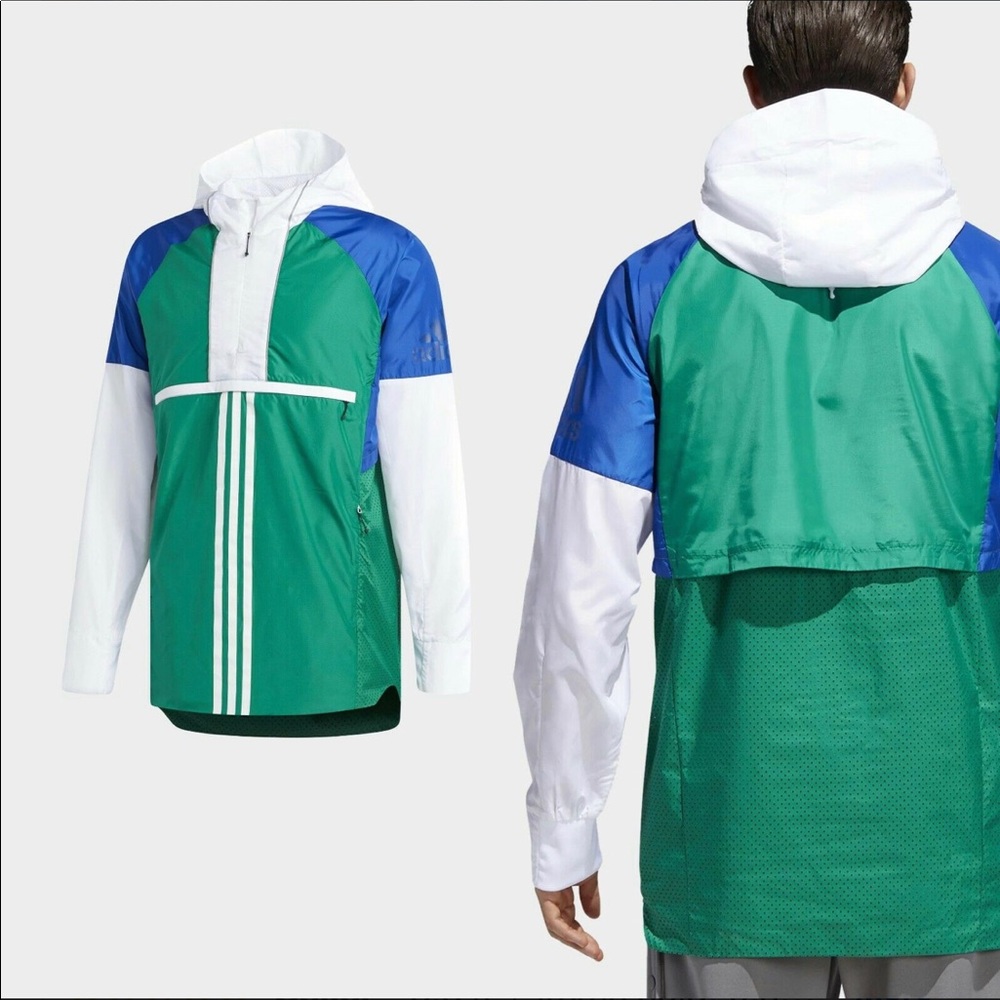 New Adidas Mens Blue/Green Hood Windbreaker Jacket - Picture 3 of 8